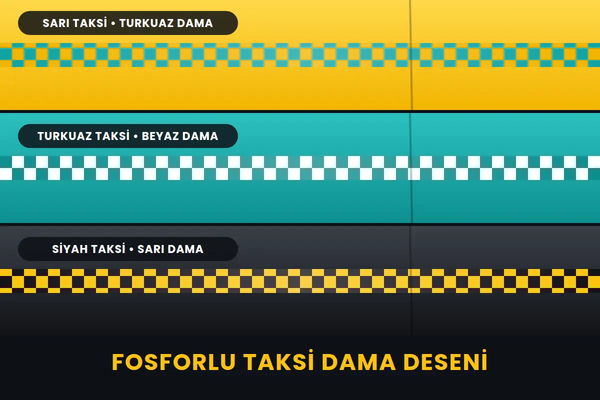 Sarı, turkuaz ve siyah taksiler için fosforlu dama deseni renkleri